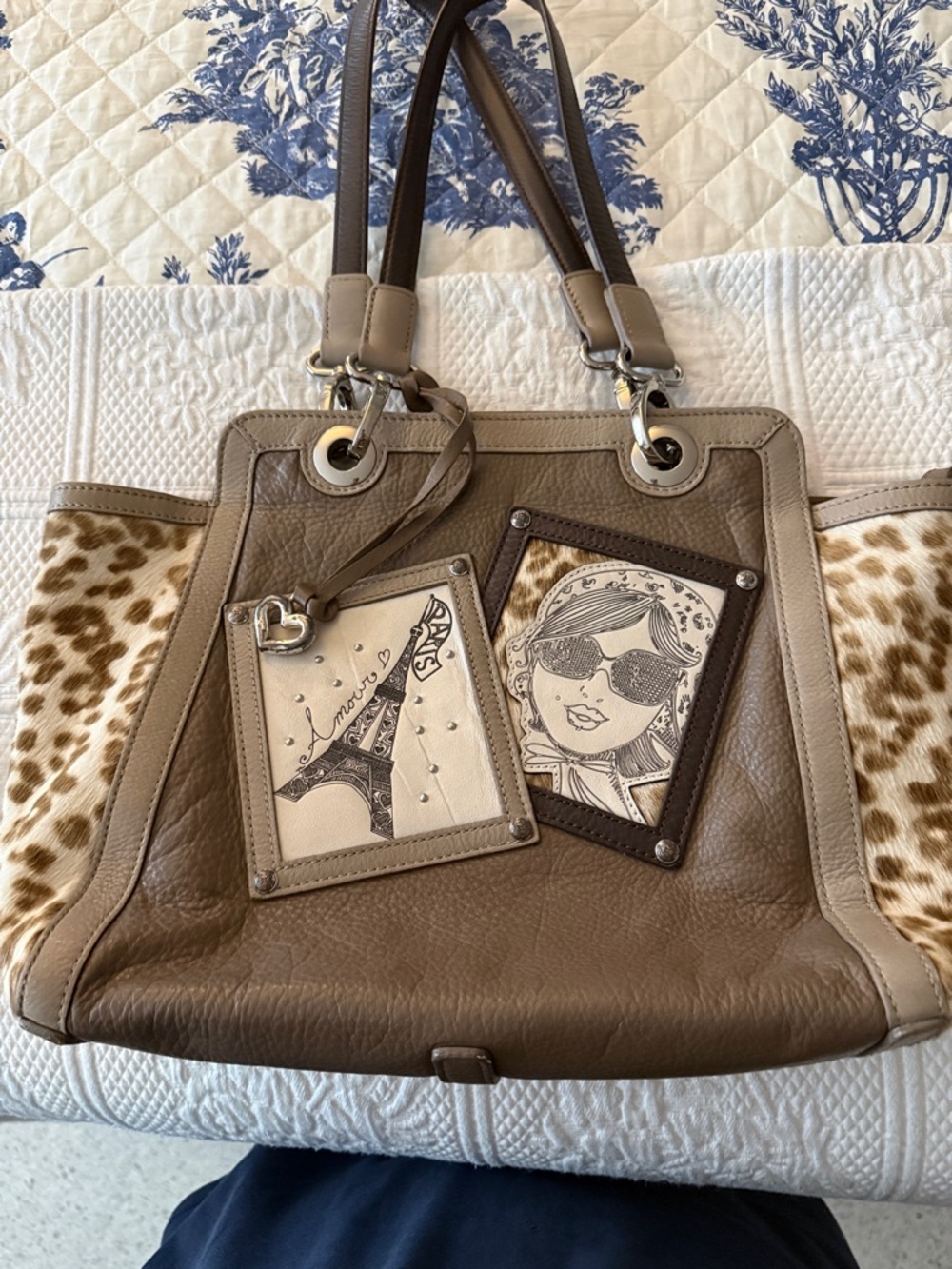 Brighton Taupe and Animal Print Women's Tote Bag with Decorative Charms